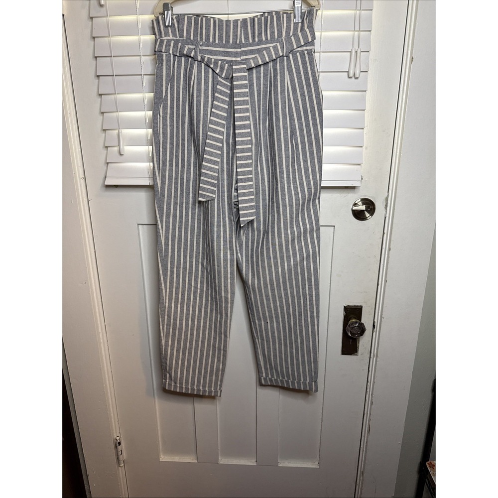 Topshop Wms Pleat Front Ruffle Waist Wide Denim Strip Dress Pants Pockets Zip S8